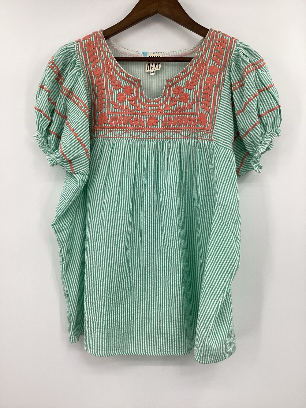 Sister Mary Mint Green Embroidered Peasant Blouse with Coral Detail